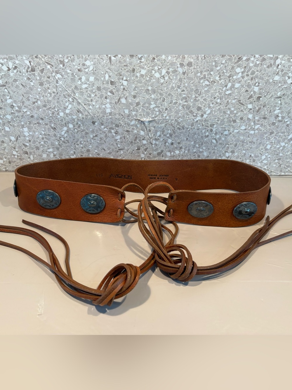 Women's Brown Leather Lace-Up Waist Belt with Decorative Medallions